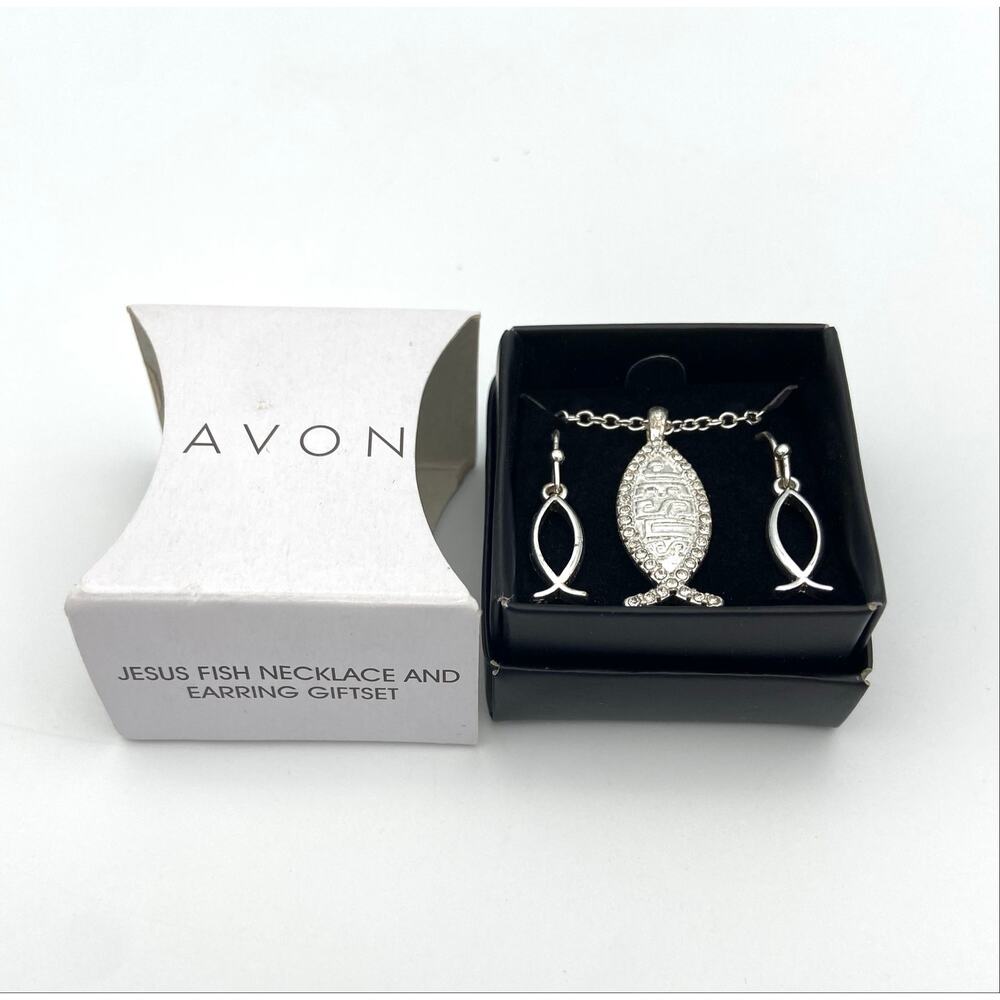Avon Jesus Fish Necklace Earrings Gift Set Silver Tone Rhinestones 2016